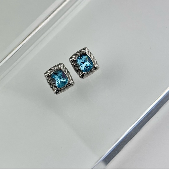 Vintage 90s DSMK Faceted Aqua CZ Silver Plated Stud Earrings - Picture 2 of 11
